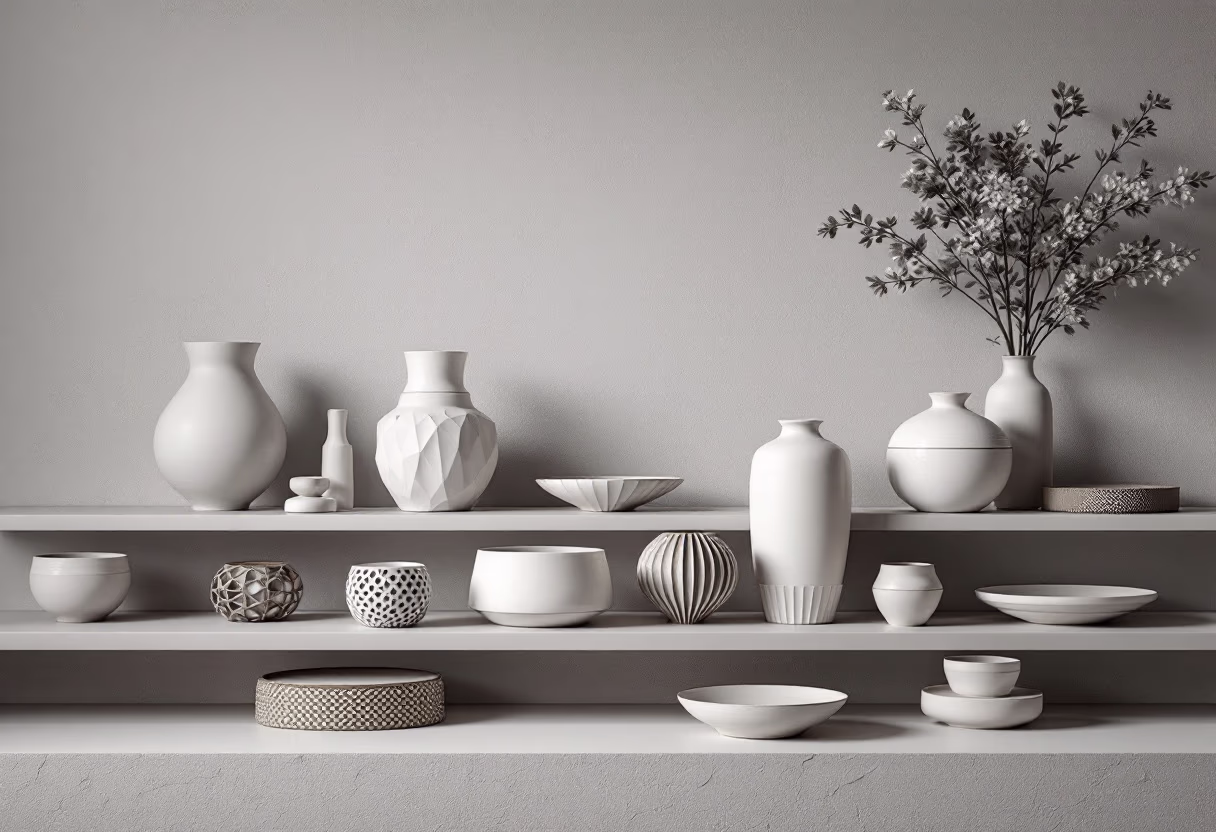 Pale glazed vessels arranged on open shelves