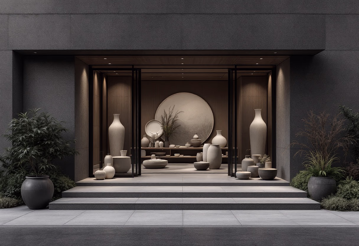 A calm entrance lined with ceramic vessels