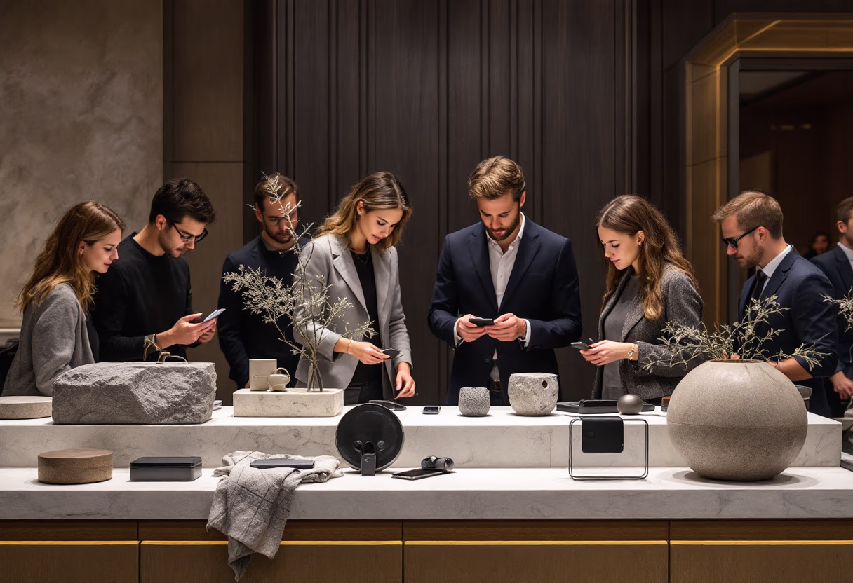 Visitors looking at ceramics on a counter