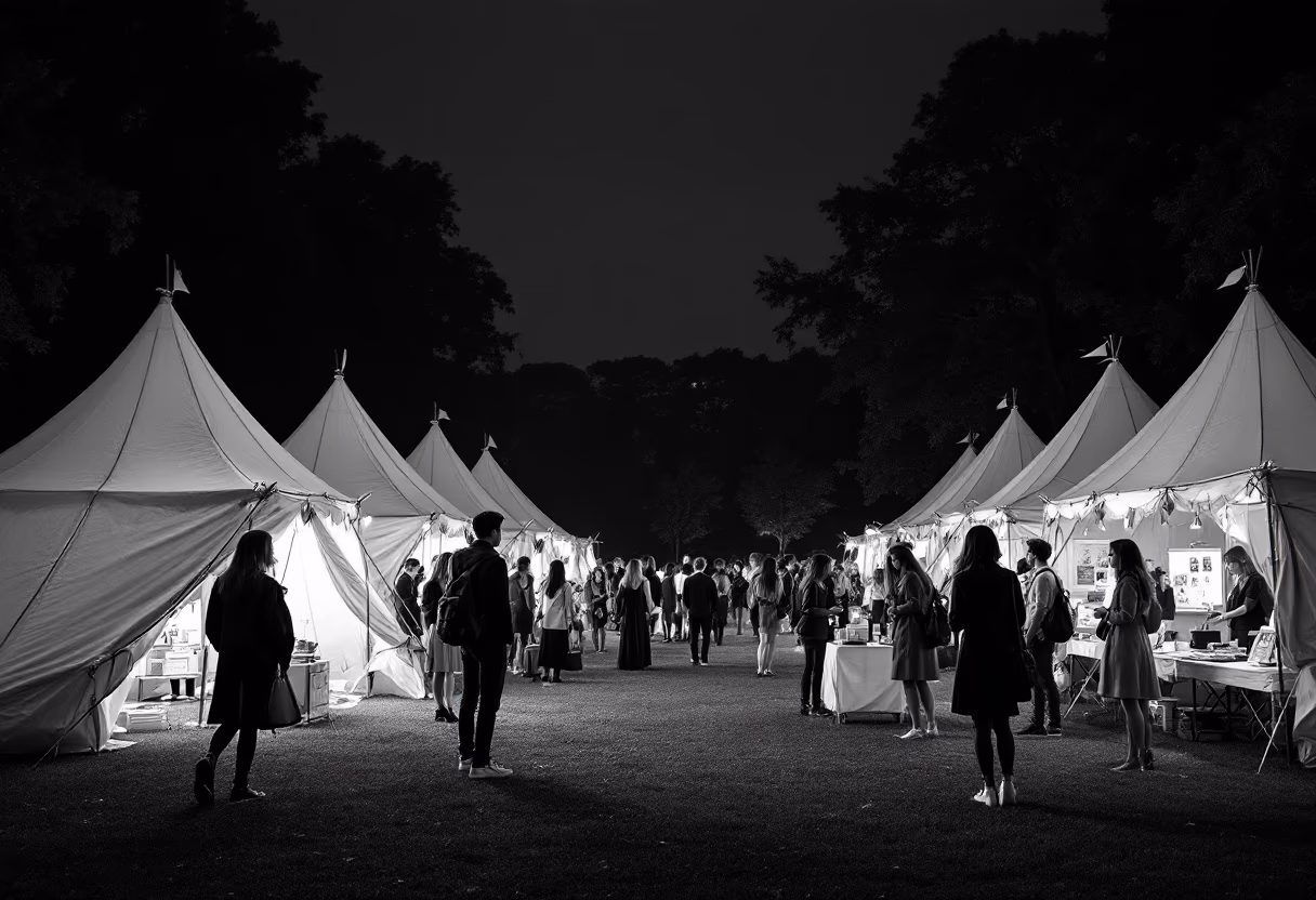 White market tents lit at night