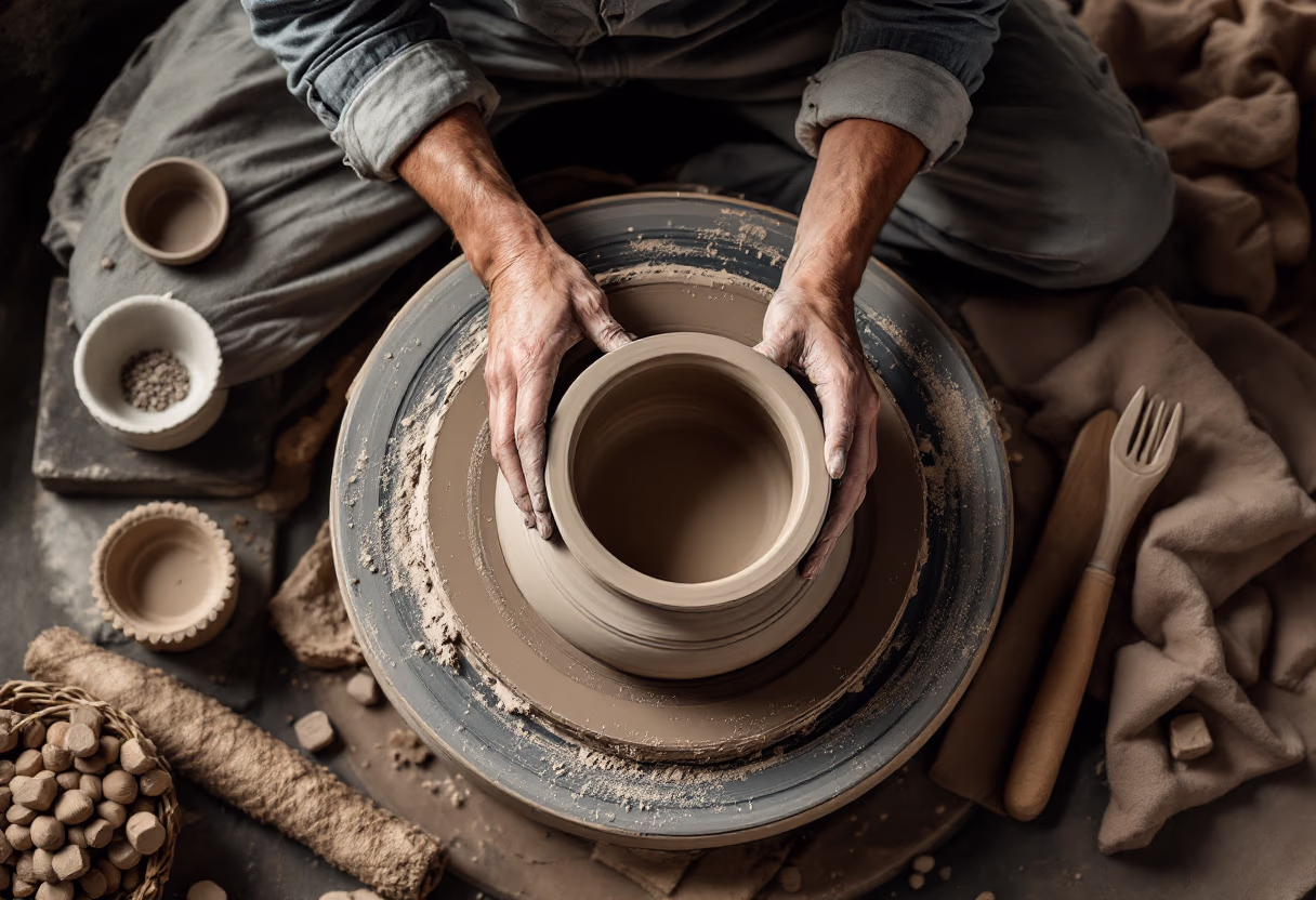 A potter's hands shaping a vessel on the wheel